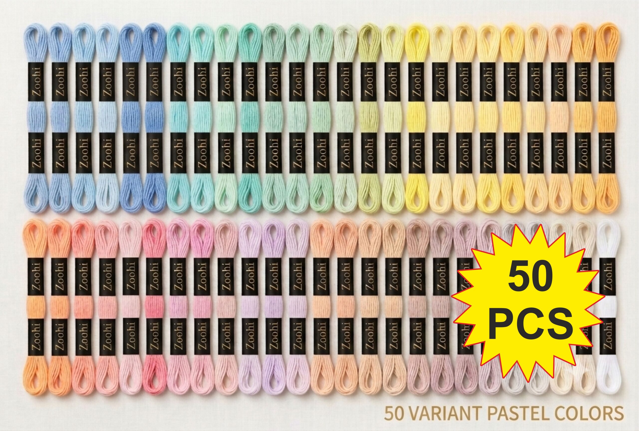 LIGHT LACCHI 50 PCS Pastel Family Embroidery Skeins Cotton Thread 7.5M Each, Pack of 50 Pcs Thickness 0.80 MM, 6 Ply - Image 1