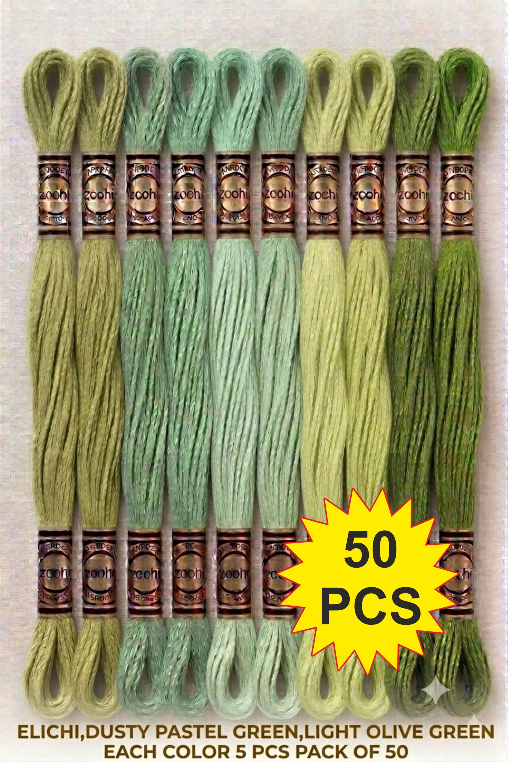 anguri 2 Elichi, Algi, Olive Green Family Embroidery Skeins Cotton Thread 7.5M Each, Pack of 50 Pcs Thickness 0.80 MM, 6 Ply - Image 1
