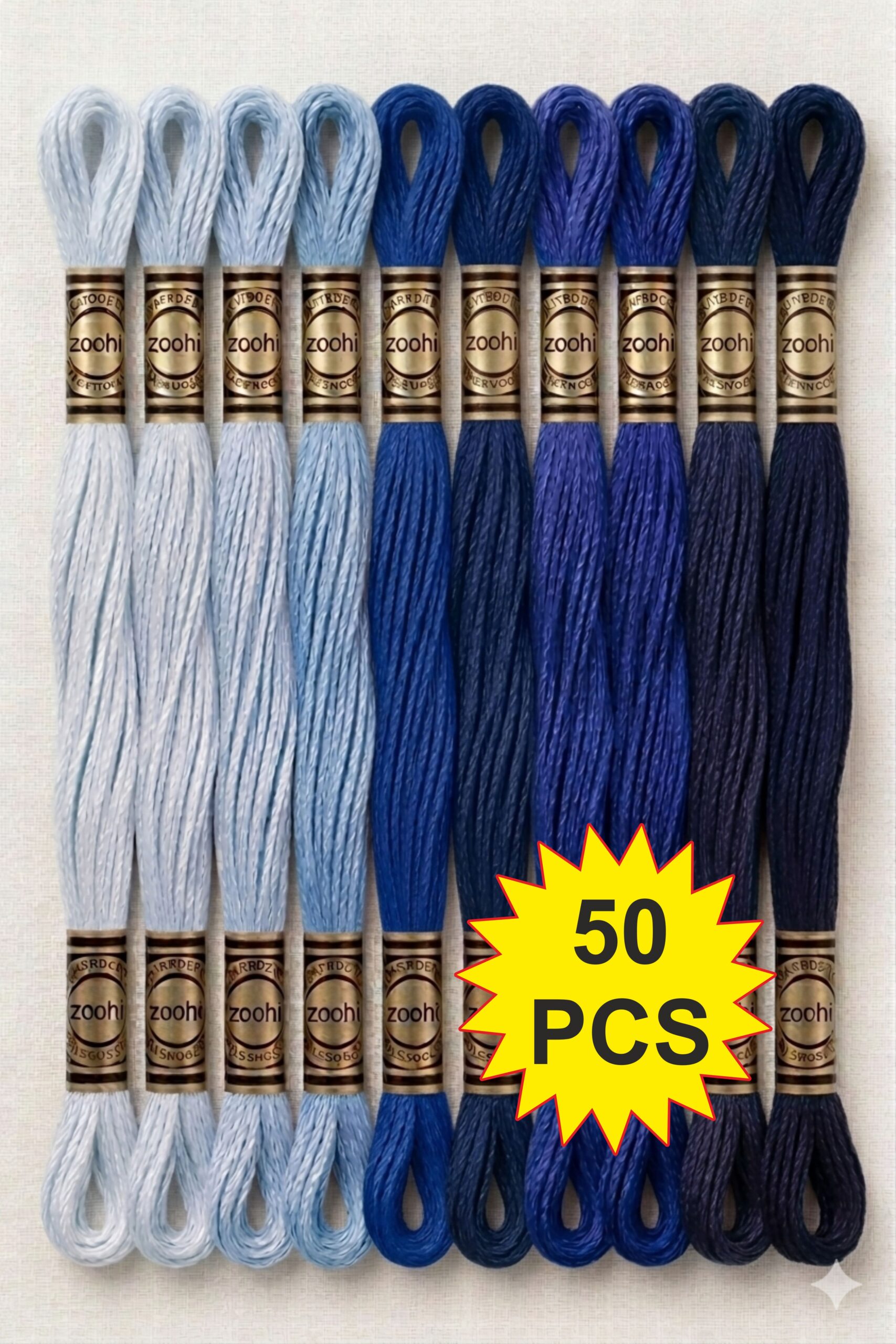 blue 2 Baby Blue to Dark Blue Family Color Cotton Embroidery Skeins Thread 7.5M Each, Pack of 50 Pcs Thickness 0.80 MM, 6 Ply - Image 1