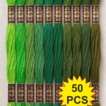 Parrot Green to Dark Green Family Color Cotton Embroidery Skeins Thread 7.5M Each, Pack of 50 Pcs Thickness 0.80 MM, 6 Ply