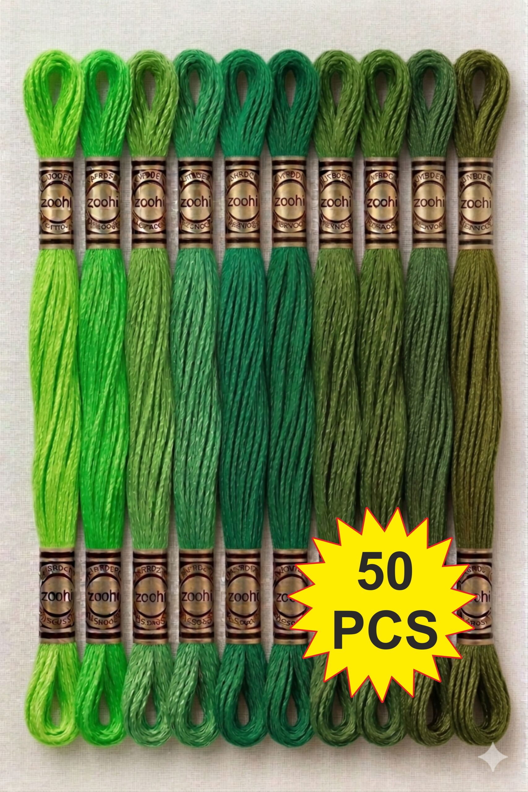 green 2 Parrot Green to Dark Green Family Color Cotton Embroidery Skeins Thread 7.5M Each, Pack of 50 Pcs Thickness 0.80 MM, 6 Ply - Image 1