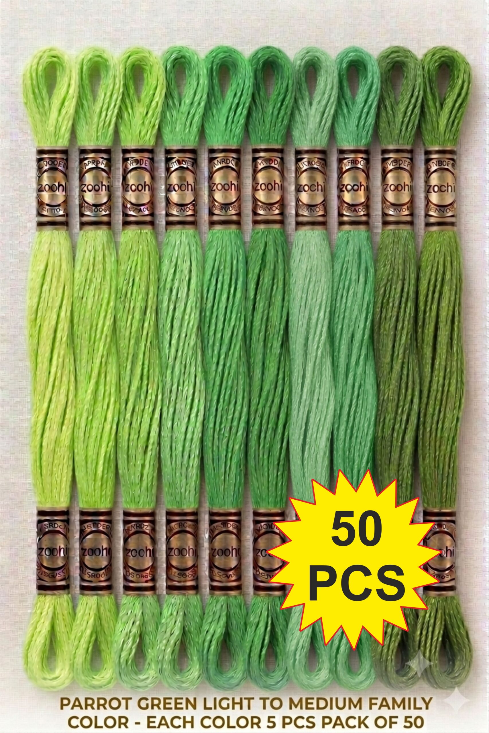 parrot 2 Parrot Green Family Embroidery Skeins Cotton Thread 7.5M Each, Pack of 50 Pcs Thickness 0.80 MM, 6 Ply - Image 1