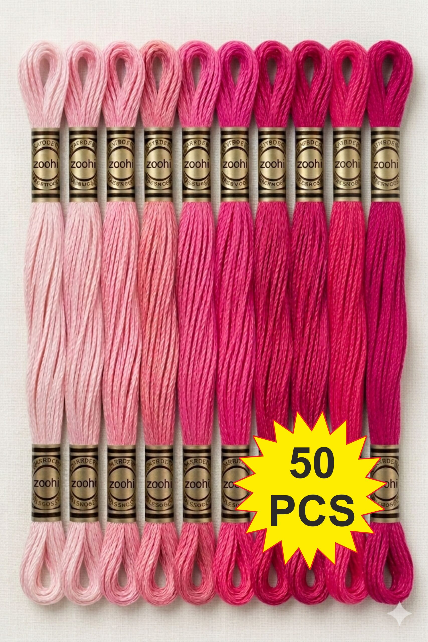 rani 2 Baby Pink to Rani Pink Family Color Cotton Embroidery Skeins Thread 7.5M Each, Pack of 50 Pcs Thickness 0.80 MM, 6 Ply - Image 1